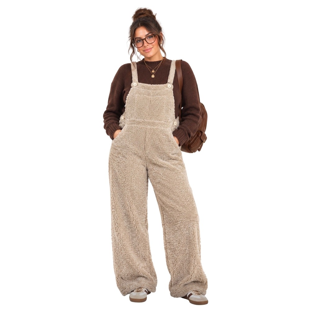 Womens Tan Cozy Sherpa Fleece Overalls Teddy Bib Dungarees Beige Size Medium